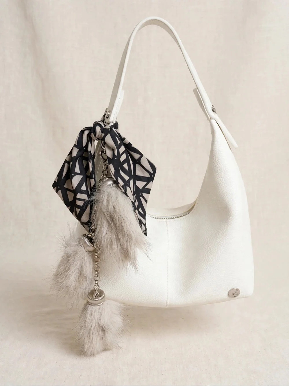 White Leather Shoulder Bag with Fur Charm